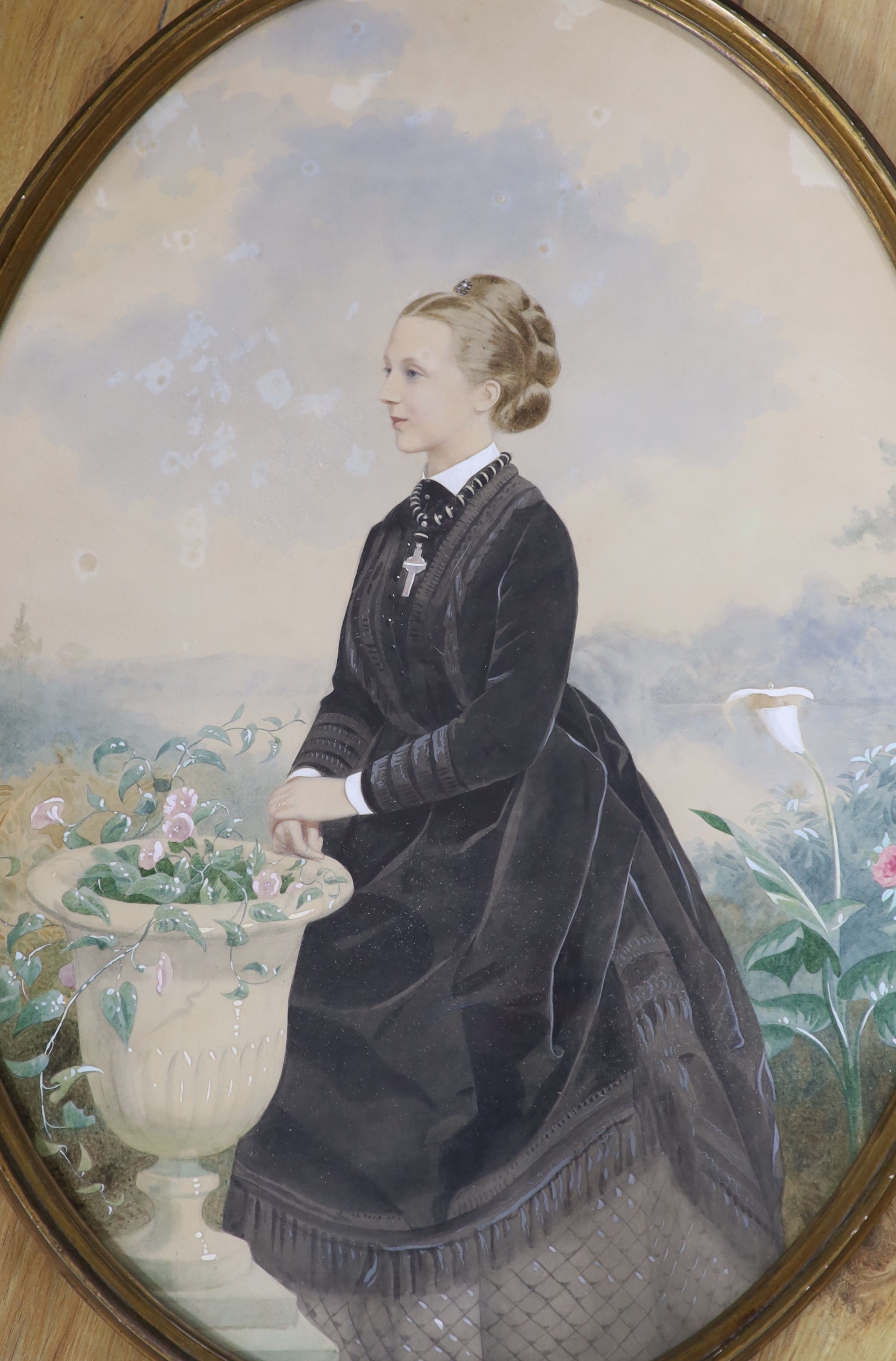 English School c.1900, watercolour, Portrait of a lady dressed in black standing in a landscape, 57 x 42cm